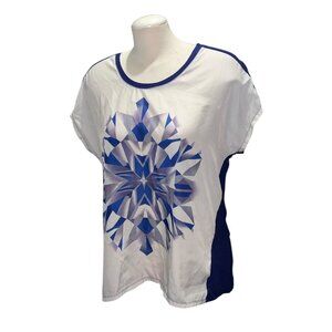Attention Geometric Print Short Sleeve Top Sz Large White & Blue Casual Lightwei